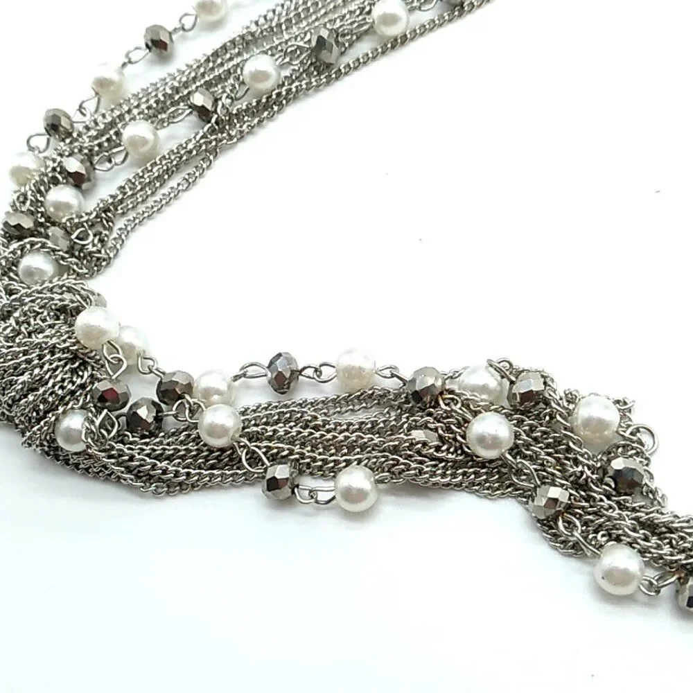 Faux Pearl Crystal Necklace Beaded Multi-Strand Layered Tassel Silver-tone Chain